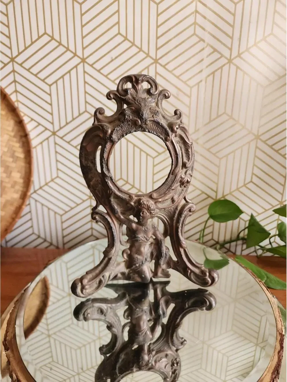 Antique 1906 Brass Cast Mantle Clock Case  Frame